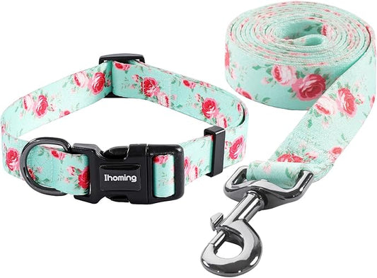 Ihoming Dog Collar and Leash Set for Daily Outdoor Walking Running Training, Floral Spring Design for Medium Boys Girls Dogs Cats Pets, M-Up to 45LBS