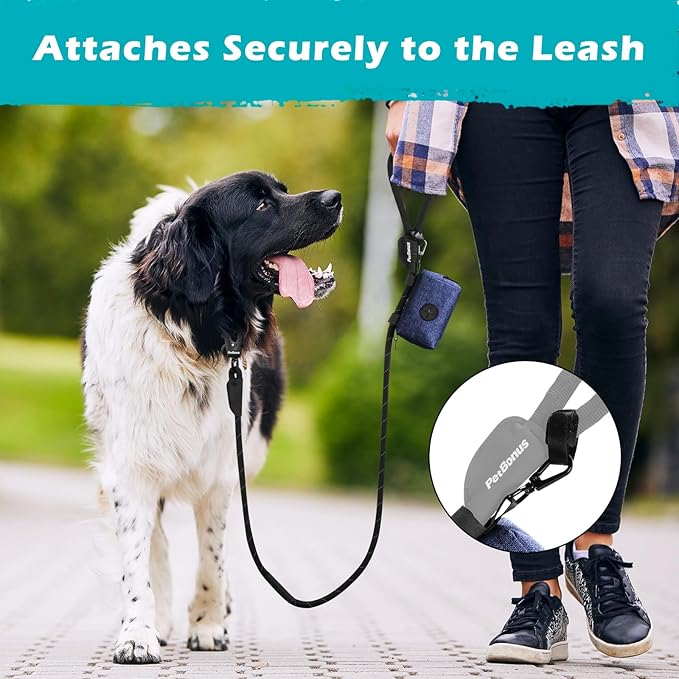 PetBonus Dog Poop Bag Holder, Portable Pet Waste Bag Dispenser, 2 Pouches for Treats and Walking Accessories, Fit All Leashes, Includes 1 Roll of Dog Poop Bags (Navy Blue)