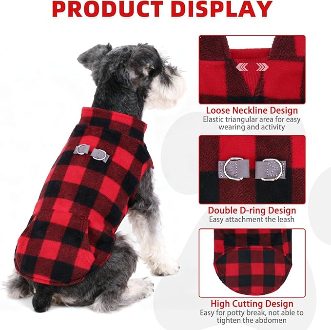 KOOLTAIL Dog Fleece Vest Sweater, Warm Puppy Christmas Jacket with Dual Leash D-Ring and Pocket for Small Medium Dogs, Cozy Soft Pet Winter Cold Weather Coats Fall Clothes Hoodie Boy Girl,Red Plaid S