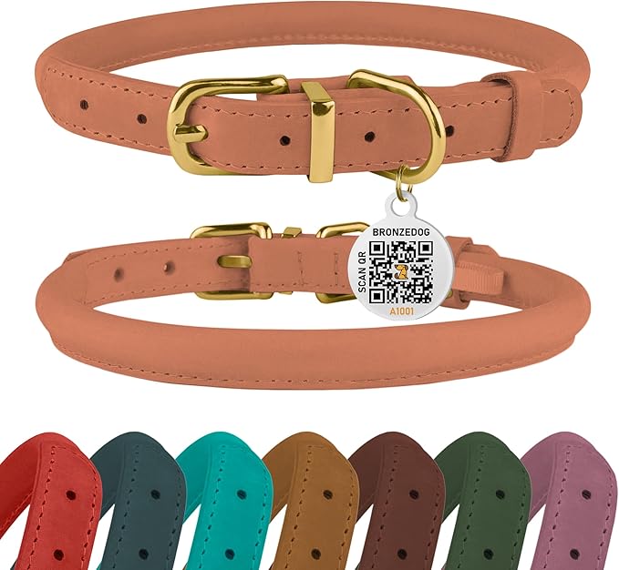 BronzeDog Rolled Leather Dog Collar with QR ID Tag, Adjustable Soft Round Collars for Small Medium Large Dogs Puppy (19" - 21" Neck Size, Peach)