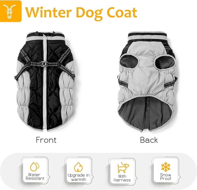 Dog Winter Coat with Harness, Dog Jacket, Pet Clothes with Zipper on Back, Waterproof Windproof Warm Vest, Reflective Cold Weather Coats, for Small Medium Large Dogs, Thick, Black, S
