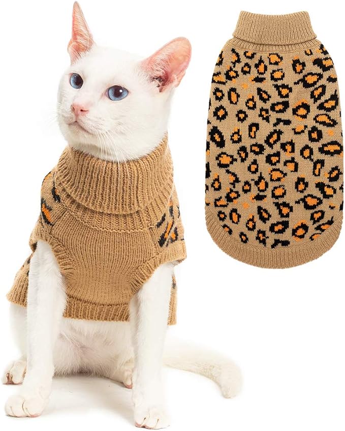Mihachi Winter Warm Cat Sweater Turtleneck Puppy Pets Sweater Knit Vest Fashion Leopard for Cats Puppy Small Animals Brown Large