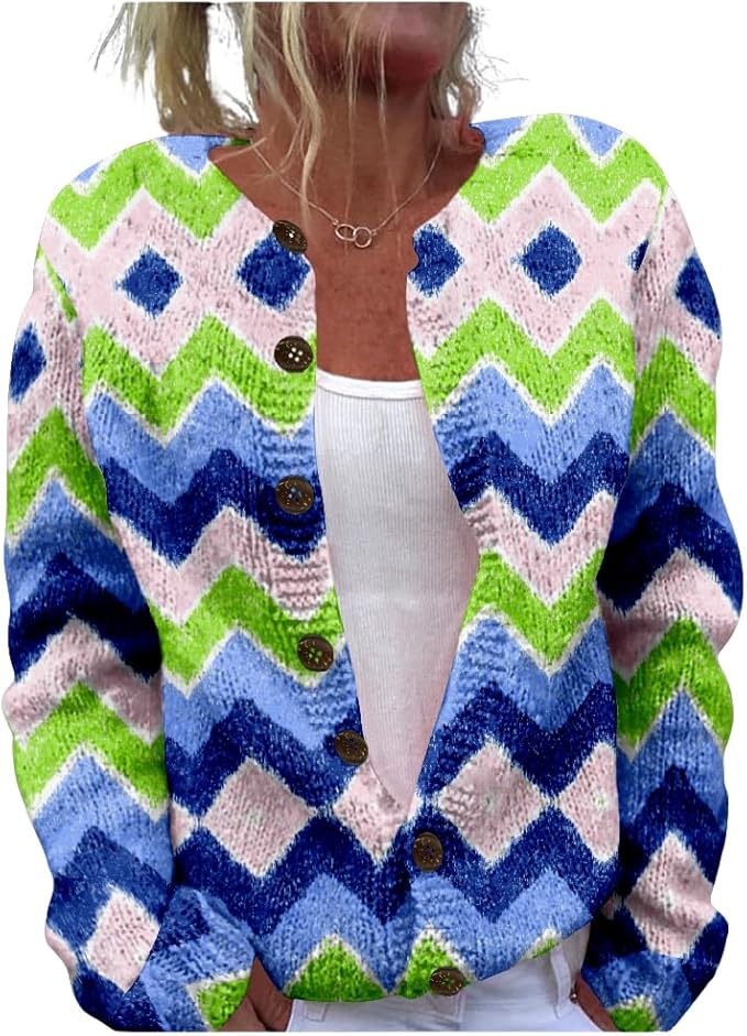 HOTYD Aztec Print Cardigans Sweaters for Women Crewneck Graphic Button Cardigan Casual Chunky Knit Sweater Fall Outfits