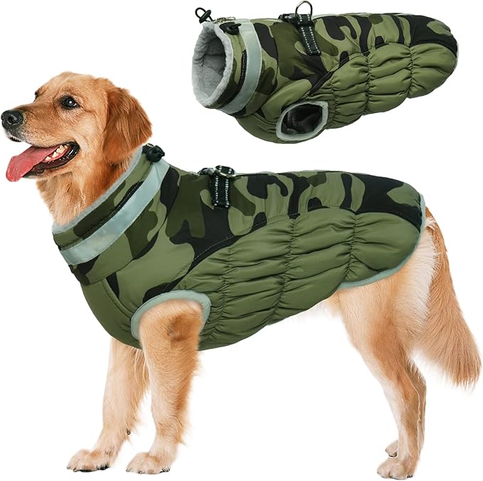 Lelepet Dog Coat Warm Dog Winter Coat Waterproof Dogs Jacket with Harness Built in Reflective Pet Fleece Vest Zip-Up Cold Weather Coats for Large Dogs Turtleneck Windproof Coats Pitbull Green Camo 2XL