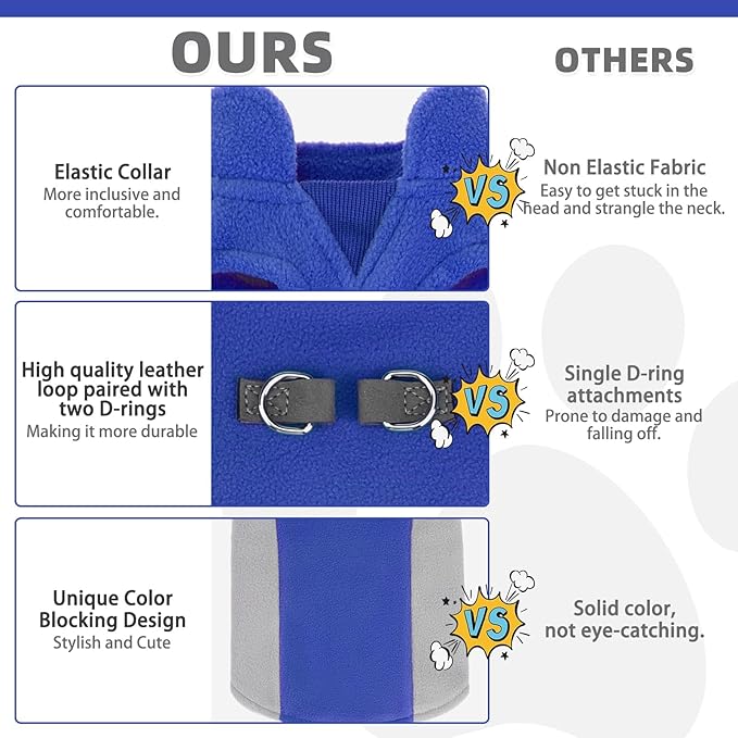 KOOLTAIL Small Dog Sweater - Dog Fleece Vest Jacket with Leash D-Ring for Small Medium Dogs, Soft Pullover Winter Warm Cold Weather Coats, Pet Fall Clothes Outfit for Puppy Cat Boys&Girls, Blue M