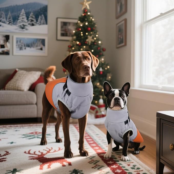 DENTRUN Dog Coat with Harness Built in, Adjustable Winter Dog Coat with Reflective Strips, Fleece Lined No Sleeves Jacket for Chihuahua, Orange, S