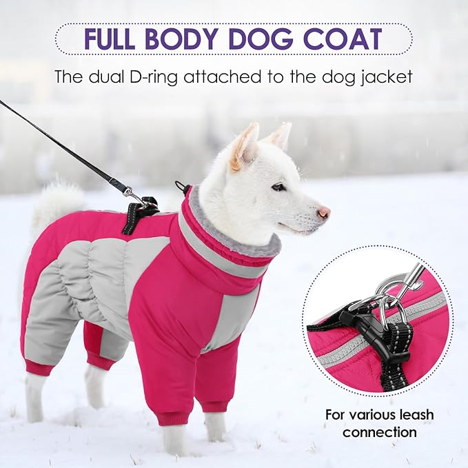SUNFURA Full Body Dog Coat - Warm Fleece Jacket for Large Dogs, Turtleneck Winter Coats with Harness, Reflective Dog Snowsuit Windproof Puffer Jackets with Legs for Weimaraner, Hot Pink XL