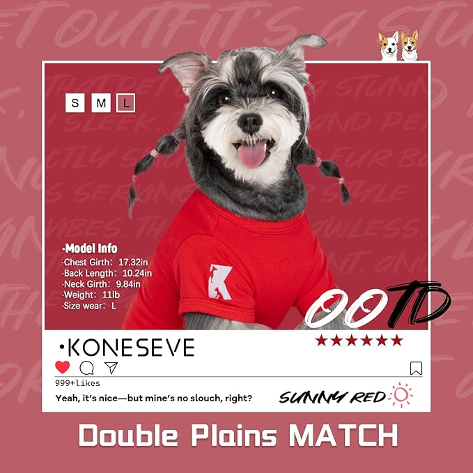 Koneseve Dog Shirt Breathable Cotton Stretchy Clothes for Small Pets 2-Pack Sunny Red & Smoky Blue L
