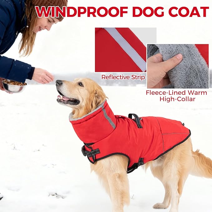 Mihachi Dog Coat for Medium Dogs, Warm Dog Winter Coat Waterproof Dogs Jacket with Harness Built in Reflective Pet Fleece Vest, Puppy Cold Weather Coats Turtleneck & Windproof Dogs Snowsuit, Red M