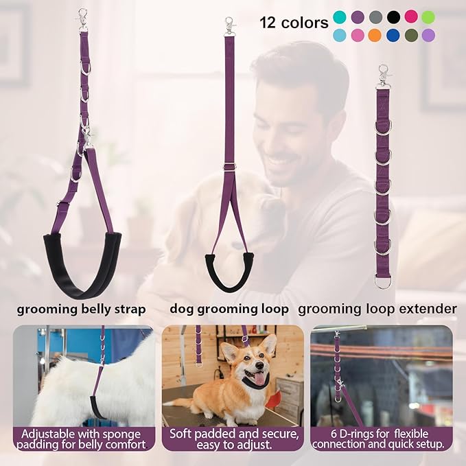 Dog Grooming Belly Straps Pet Grooming Supplies 3 Sets Professional Dogs Belly Band Pets Dogs Groomer Extension Strap Table Arm Loop Extender for Small Medium Large Pets (Light Purple)