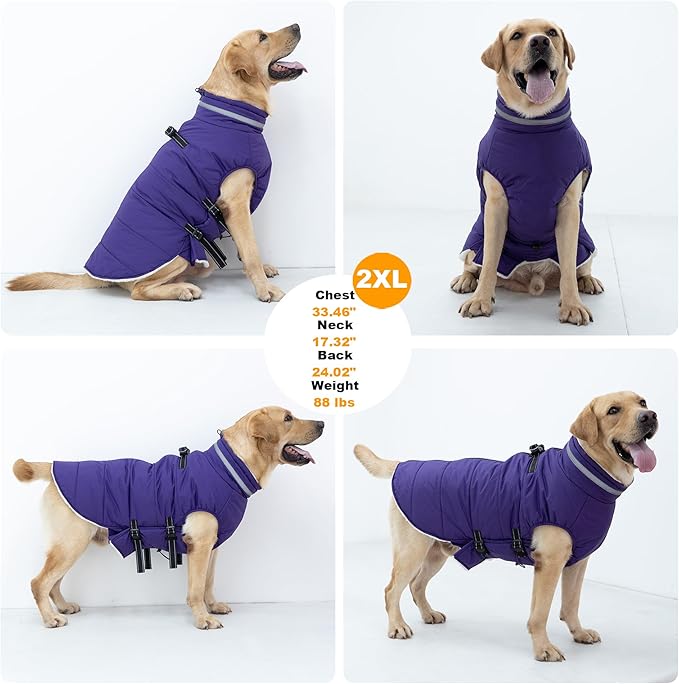 Large Dog Coat with Harness Built-in, Waterproof Reflective Fleece Lined - Warm Windproof Winter Jacket with Back Zipper, Cold Weather Snow Dog Coats - Purple - 3XL