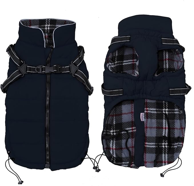 Geyecete Winter Warm Coat Waterproof Dog Winter Jacket with Harness Traction Belt,Pet Outdoor Jacket Dog Autumn and Winter Clothes for Medium, Small Dog-Navy-S