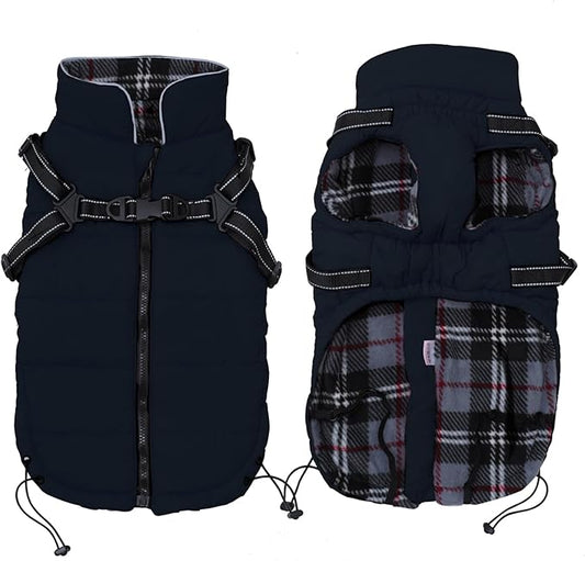 Geyecete Winter Warm Coat Waterproof Dog Winter Jacket with Harness Traction Belt,Pet Outdoor Jacket Dog Autumn and Winter Clothes for Medium, Small Dog-Navy-XS