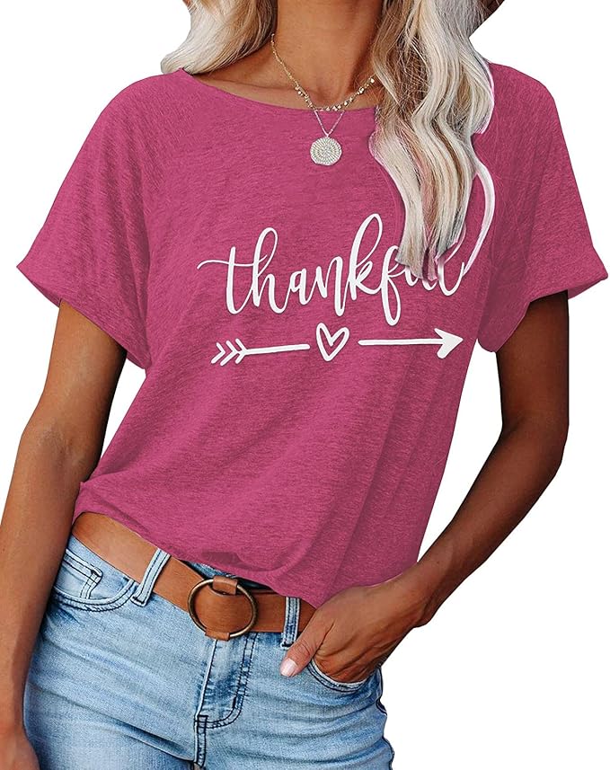 NIUBIA Women's T Shirts Summer Tops Simple Heart Graphic Shirts Sayings Short Sleeve Vacation Casual Blouse Thankful Tee