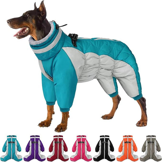 SUNFURA Full Body Dog Coat - Warm Fleece Jacket for Extra Large Dogs, Turtleneck Winter Coats with Harness, Reflective Dog Snowsuit Windproof Puffer Jackets with Legs for Great Dane, Turquoise 3XL