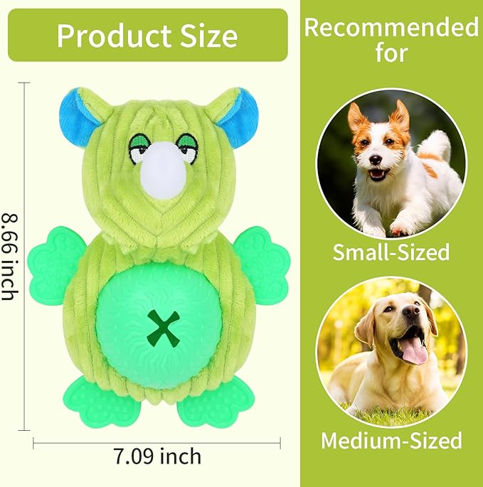 Interactive Dog Toys, Plush Dog Toy with Treat Dispensing Ball, Squeaky Dog Toy with Cute Plastic Paws for Playing,Slow Eat Hiding Food Enrichment Toy for Small & Medium Breeds(Green)