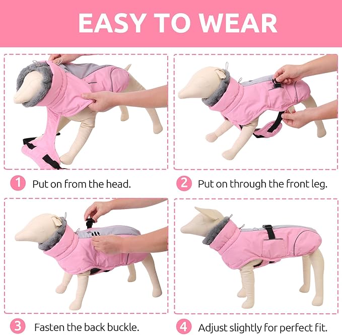 Queenmore XL Dog Jackets, Dog Coats for Large Breeds Winter Waterproof, Thick Fleece Lining Doggie Coats for X-Large Dogs Winter, Pet Jackets, Pink, XL