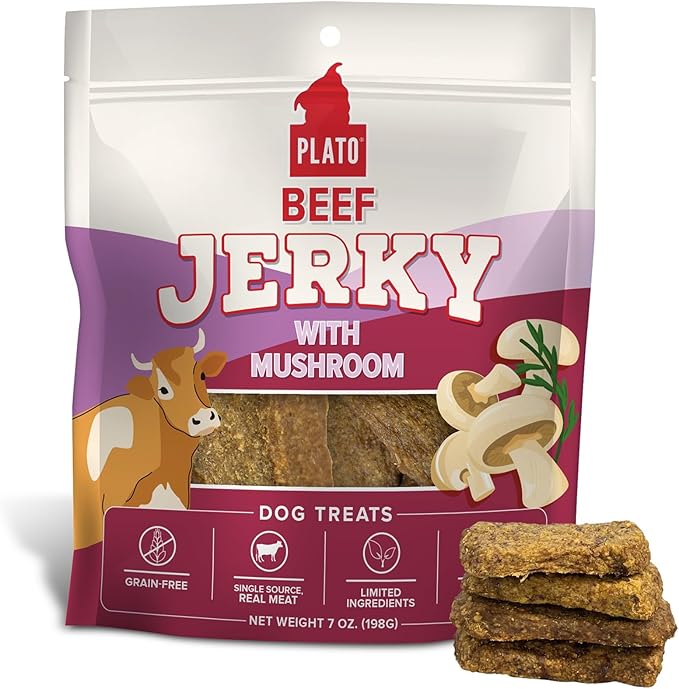 PLATO Pet Treats Jerky Dog Treats - Air-Dried Jerky for Dogs - Delicious, Real Meat Dog Treats - Grain Free - Supports Healthy Digestion - Beef Jerky with Mushroom 7oz