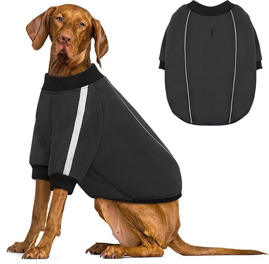 Queenmore Fleece Dog Sweater for Male Dogs, Soft Pullover Dog Sweatshirt with Leash Hole/Reflective Stripes – Cozy Winter Fleece Jacket for Small Medium Large Boy Puppy, Grey XXL