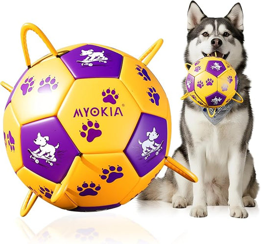 Size 3 Dog Soccer Ball with Straps Durable Training Ball for Pets Interactive Outdoor Dog Toy,Yellow & Purple, Paw and Puppy Design, for Medium & Large Puppie