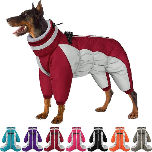 SUNFURA Full Body Dog Coat - Warm Fleece Jacket for Extra Large Dogs, Turtleneck Winter Coats with Harness, Reflective Dog Snowsuit Windproof Puffer Jackets with Legs for Great Dane, Burgundy 3XL