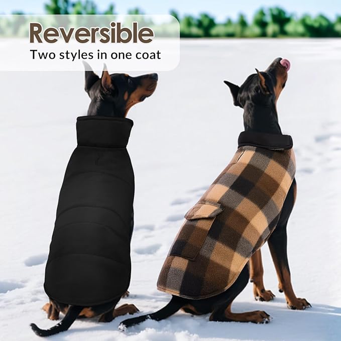 ASENKU Dog Winter Jacket Plaid Reversible Vest, Waterproof Dog Coat for Cold Weather, Perfect for Small to Large Dogs (Coffee, S)