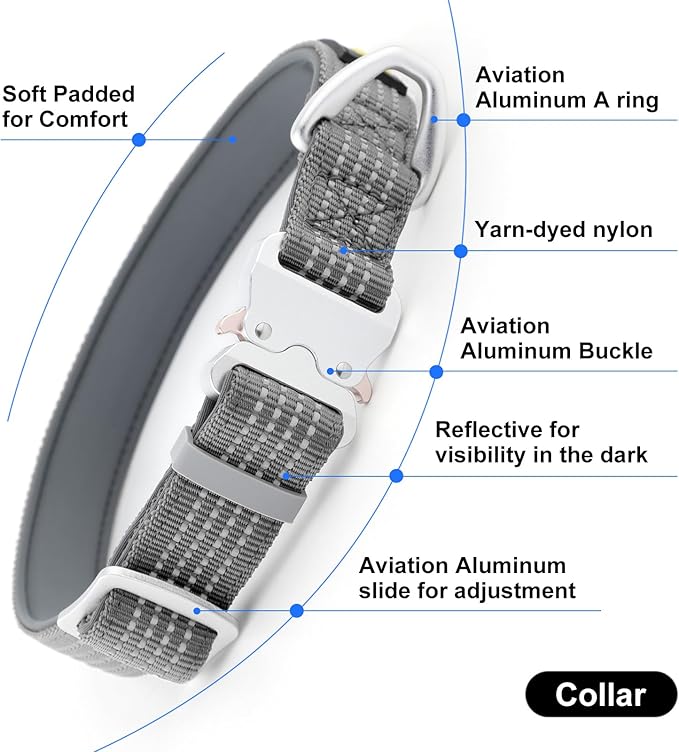 Plutus Pet Reflective Dog Collar with Aviation Aluminum Buckle, Neoprene Padded for Comfort, Lightweight, Heavy Duty Nylon Collar for Puppy Small Medium Large Dogs (Gray, XL)