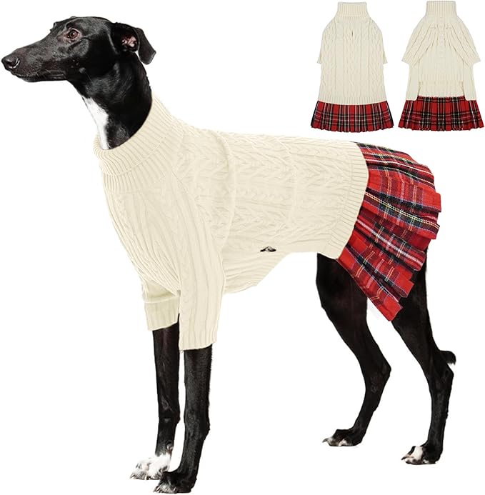 IECOii Girl Dog Sweater Dress - Cable Knit Dog Sweater for Medium Dogs Girl, Beige,Large - Turtleneck Winter Sweaters with Leash Hole, Soft & Stretchy Adorable Dress for Thanksgiving Christmas Photo