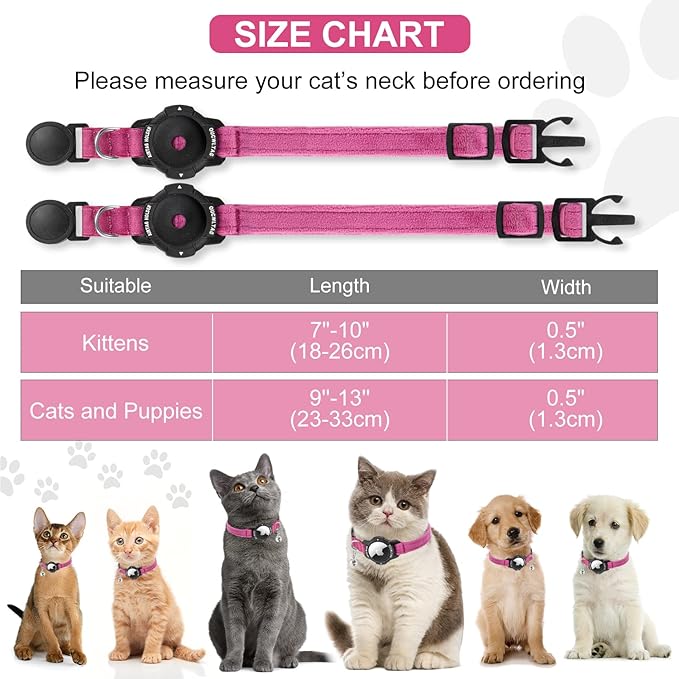 Luminous AirTag Cat Collar Breakaway, OUCWLTAG GPS Cat Collar with Apple Air Tag Holder, Cat Tracker Collars with Safety Elastic Band for Girl Boy Cats, Kittens and Puppies (Pink, 7-10 Inch)