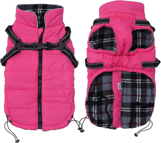 Geyecete Winter Warm Coat Waterproof Dog Winter Jacket with Harness Traction Belt,Pet Outdoor Jacket Dog Autumn and Winter Clothes for Medium, Small Dog-Pink-XL