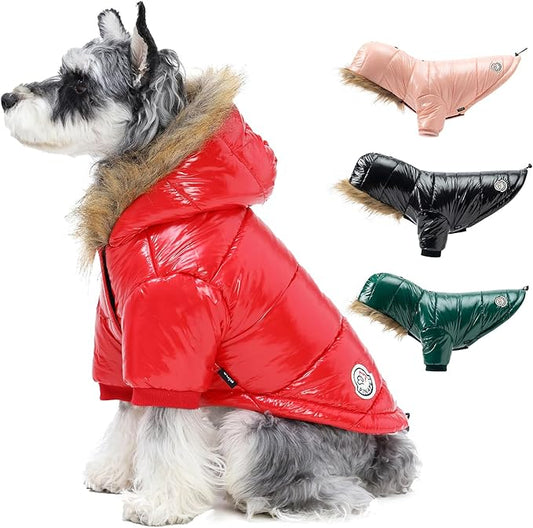 PINA Winter Coat with Faux Fur Hood, Windproof and Warm, Suitable for Small to Large Dogs, Red, M
