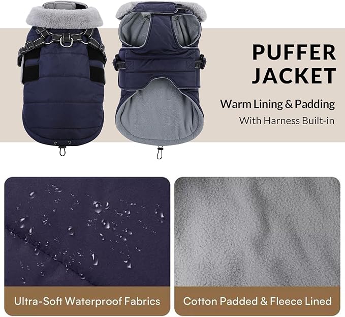Queenmore Winter Dog Jackets for Medium Dogs with Harness Built-in, Waterproof Puffer Jacket for Snow/Cold Weather, Pet Warm Coat for Doggie Boy/Girl - Fleece Lining Reflective Easy-on, Navy M