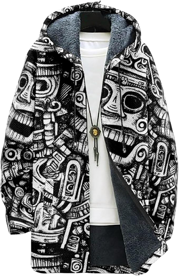 Mens Aztec Print Hoodie Heavyweight Cotton Fleece Jacket Zip Up Warm Long Sleeve Hooded Winter Midi Coat