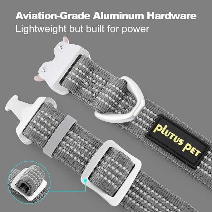 Plutus Pet Reflective Dog Collar with Aviation Aluminum Buckle, Neoprene Padded for Comfort, Lightweight, Heavy Duty Nylon Collar for Puppy Small Medium Large Dogs (Gray, XL)