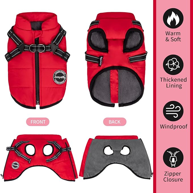 Warm Winter Coat, Fashion Sports Dog Jacket with Built-in Harness, Reflective & Adjustable Pet Vest, Waterproof Windproof Apparel for Small Dogs (Red)