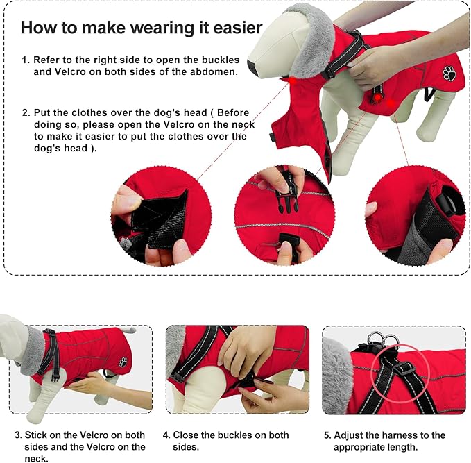Doglay Dog Jacket Waterproof Dog Coat with Harness Built in, Christmas Puppy Winter Coat Reflective Turtleneck Puffer Snow Jackets for Small Medium Large Dogs