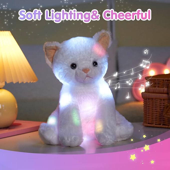 Houwsbaby 12'' White Musical Light Up Cat Stuffed Animal Kitty Plush Toy Singing LED Glowing Cat Plush Toy Christmas Festival Birthday Presents for Kids Girls Boys