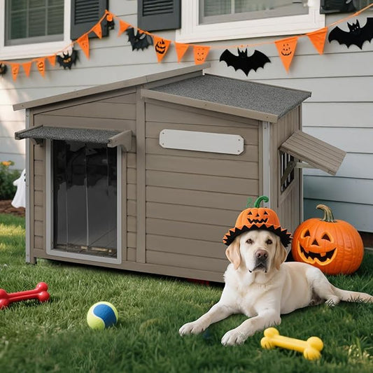 Outdoor Dog House, Weatherproof Wooden Kennel for Medium Dogs, Large Wooden Dog House with Chew-Proof Iron Frame, Removable Floor (Grey, 43.5"D x 29.5"W x 33.5"H) (Grey, 43.5" D x 29.5" W x 33.5" H)
