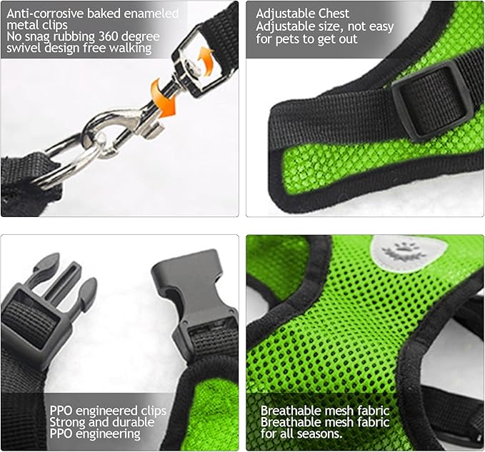 shudyear Summer cat Chest Harness and Leash, Anti-Escape Adjustable Soft mesh cat Leash and Chest Harness Set for All Types of Cats cat Vests (Size L,Green)