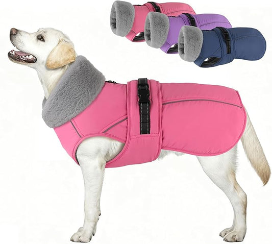 PETDSH Dog Coat Large, Windproof Dog Jacket with Warm Fleece Lining, Thickened Collar Dogs Winter Coat, Adjustable Reflective Pet Coats for Cold Weather (Pink, X-Large)