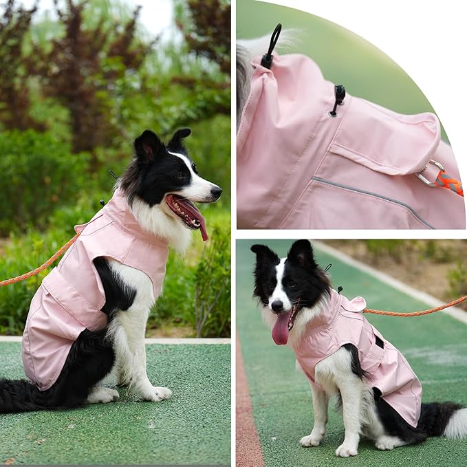Waterproof Dog Raincoat with Reflective Strip, Adjustable Breathable Rain Coat Jacket with Leash Hole for Dogs (Pink, Medium)