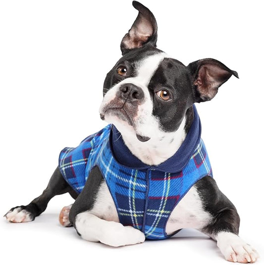 Goldpaw Duluth Double Fleece Dog Sweater Vest for Small Dogs - Soft, Stretchy Dog Fleece - Warm Pet Jacket for Fall and Winter - Premium Pet Outerwear - Machine Washable - Blue Plaid/Navy - Size 14