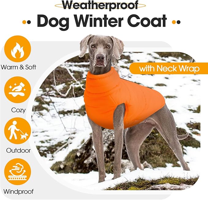 Dog Coats for Large Dogs Winter Waterproof, Zip Up Lightweight Vest for Dogs, Orange Pet Snow Jacket, Winter Outdoor Dog Camping Jackets for Weimaraner, Pointer, Labrador, Orange XL