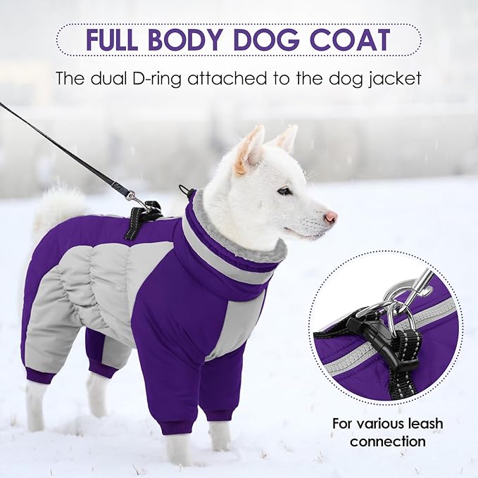 SUNFURA Full Body Dog Coat - Warm Fleece Jacket for Small Dogs, Turtleneck Winter Coats with Harness, Reflective Dog Snowsuit Windproof Puffer Jackets with Legs for Chihuahua, Yorkie, Purple XS