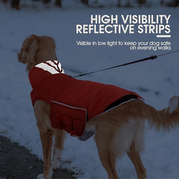 Kuoser Dog Coat Medium, Cold Weather Reflective Waterproof Dogs Jacket with Warm Fleece Lining, Turtleneck Dog Winter Coat with Zipper, Doggy Snow Jacket Pet Coats for Small Medium Large Dogs, Red M