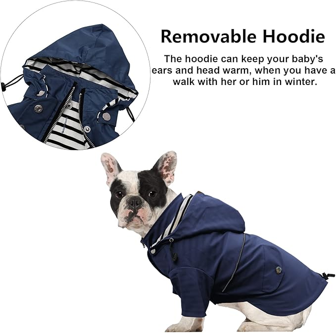 Morezi Dog Zip Up Raincoat with Reflective Buttons, Rain/Water Resistant, Adjustable Drawstring, Removable Hood, Raincoats with Legs 8lbs to 80lbs Available - Dark Blue - XS