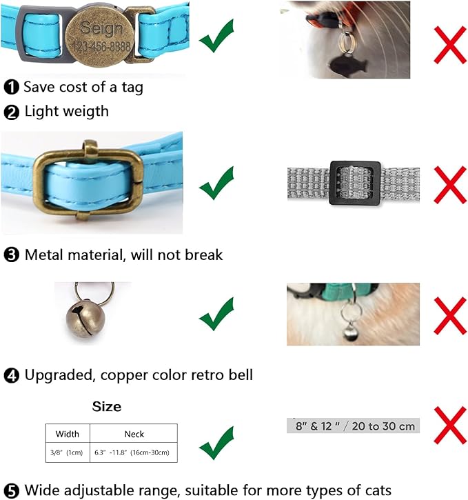 Cat Collar Breakaway, Personalized Leather Cat Collar with Bells -Adjustable Customized Collar with Name & Phone Number Tag for Girl Boy Cats -Quick Release Buckle for Cats & Kittens (Blue)