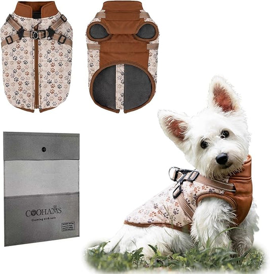 Dog Winter Coat for Small & Medium Dogs (Up to 32lb), Waterproof Dog Coat with Harness, Puppies Windproof Puppy Puffer Jacket, Snowsuit for Dachshund,Frenchie, Corgi (Paw Brown, Large)