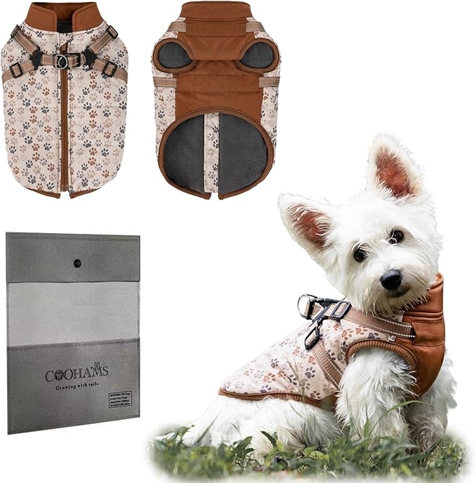 Dog Winter Coat for Small & Medium Dogs (Up to 32lb), Waterproof Dog Coat with Harness, Puppies Windproof Puppy Puffer Jacket, Snowsuit for Dachshund,Frenchie, Corgi (Paw Brown, Small)