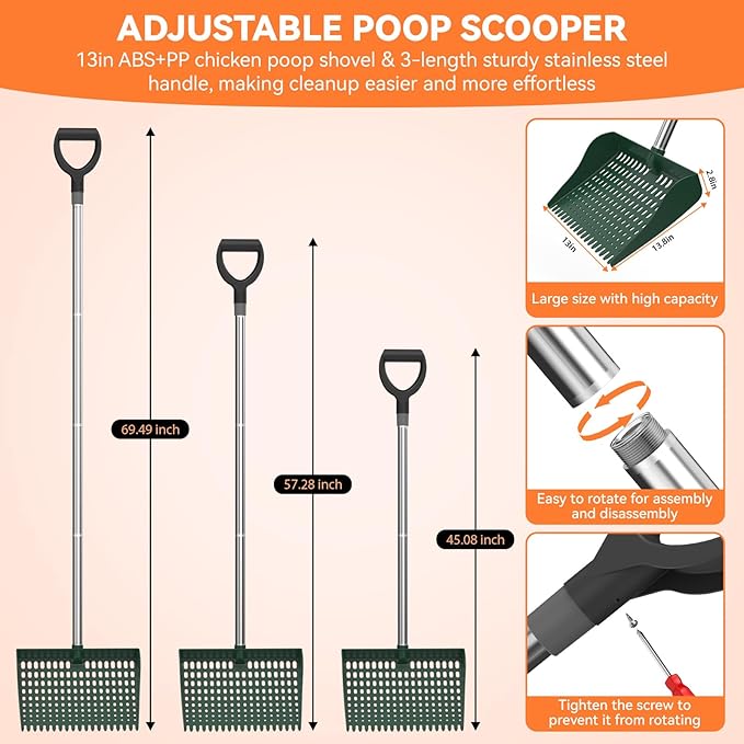 Chicken Poop Scooper & Rake 2-in-1, Pooper Scooper with 13in Wider PP Head & Adjustable Stainless Steel Handle, 33''-69'' Sand Sifting Shovel Litter Scooper for Chicken Coop/Small Farm Animals